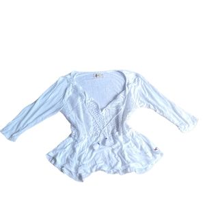 Hollister Womens White V Neck Crochet 3/4 Sleeve Shirt With Tassles Size M